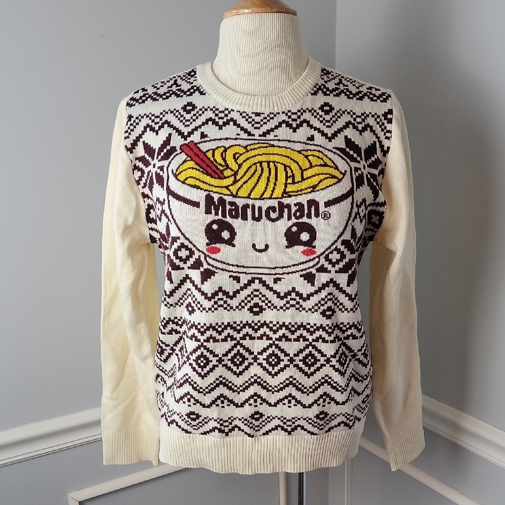 MARUCHAN Japan Anime Ramen Noodle Bowl Graphic Fair Isle Knit Crewneck Sweater M